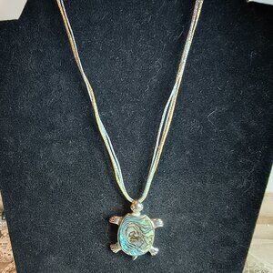 Silver Tone Fabric Cord Abalone Turtle Necklace